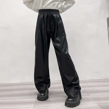 2023 Korėjiečių mados drabužiai Odinės kelnės su varpeliu Didelio dydžio laisvos Pu odos plačios kojos Kelnės vyrams Stilingi gatvės drabužiai