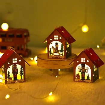 3vnt Kalėdinės dekoratyvinės dovanos Kalėdinė LED lemputė Medinis namas Šviečiantis salonas Apšviestas medinis namas Kalėdų eglutės pakabukas